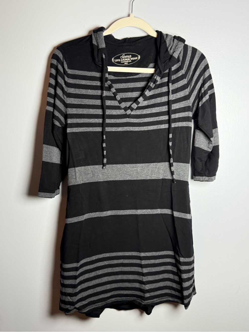 Soma Black and Gray Striped Hooded Lounge Top with V-Neck